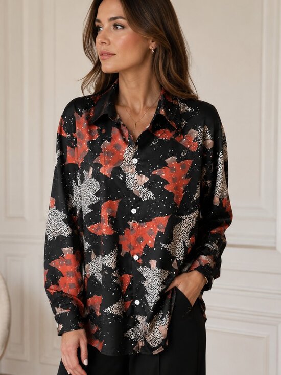 Tops - Black Christmas Tree Print Button Up Shirt XL